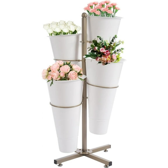 Metal Flower Display Stand, Flower Holder with 4 Pieces Buckets, Metal Mobile Florist Bouquet Stand for Indoor, Outdoor Patio Garden, Living Room, Florist. (White)