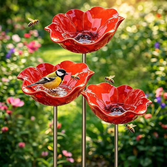 Metal Flower Garden Stake Bird Bath Set (3 PCS) – Outdoor Bee Bath & Pollinator Water Station, Decorative Flower Bird Feeder for Yard, Lawn & Garden Red