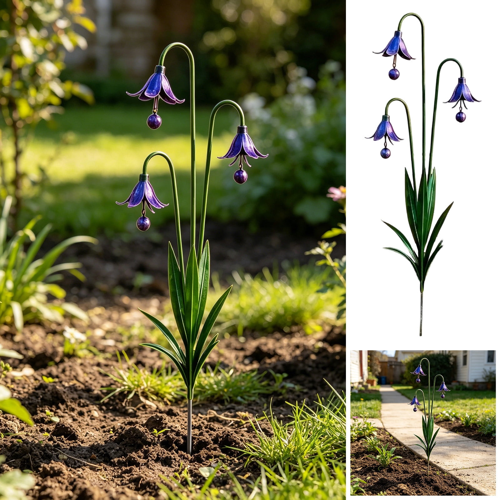 Metal Flower Garden Stakes 3 Head Purple Wind Chime, Weather Resistant ...
