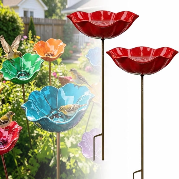 Metal Flower Garden Stakes Bird Bath, Everlasting Garden Blooms, Handmade Metal Flower Garden Stake with Bird Bath & pollinator Water Station, Decorative Outdoor Yard Art (Red,2pcs)