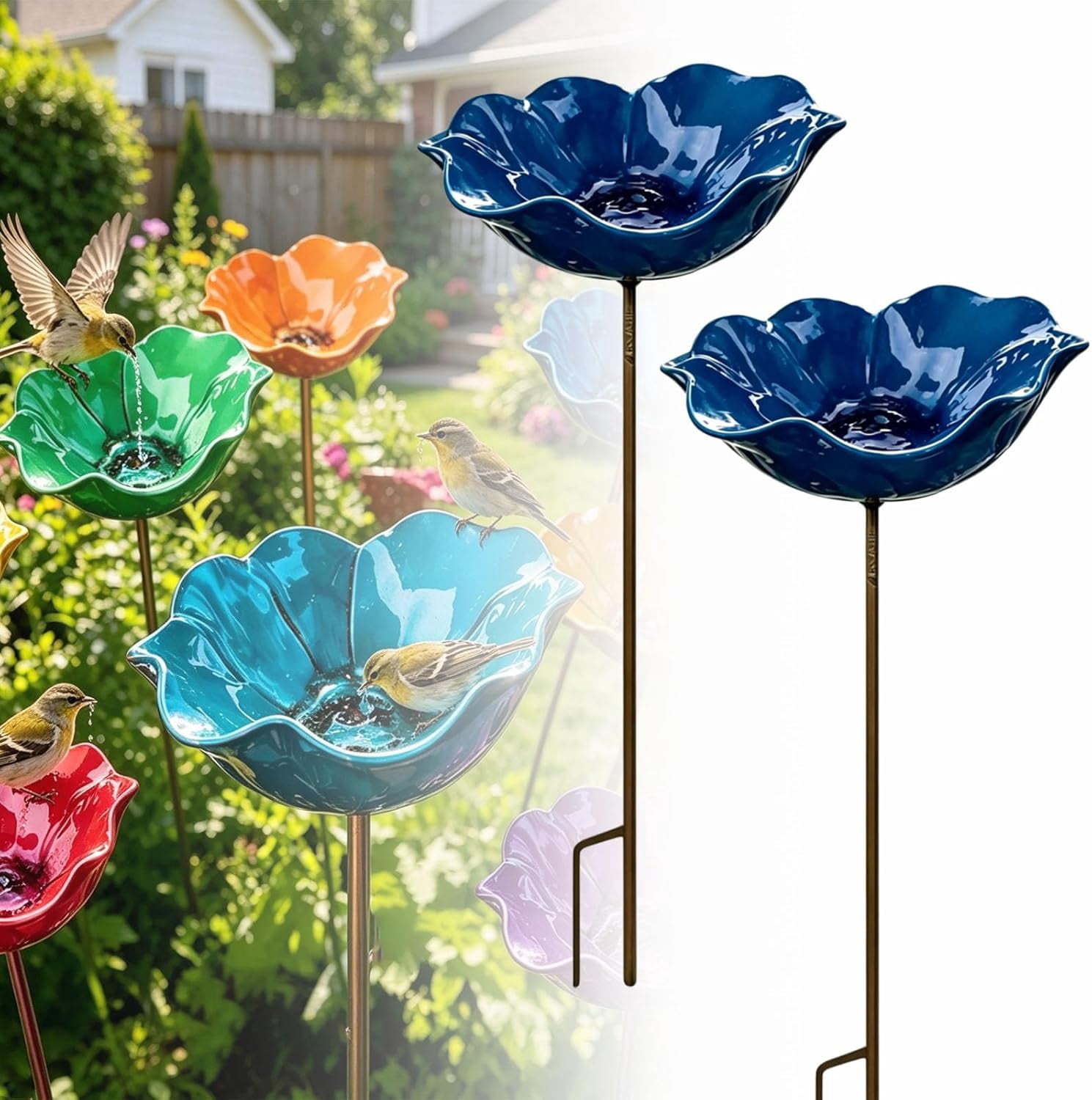 Metal Flower Garden Stakes Bird Bath, Everlasting Garden Blooms, Handmade Metal Flower Garden Stake with Bird Bath & pollinator Water Station, Decorative Outdoor Yard Art (Dark Blue,2pcs)
