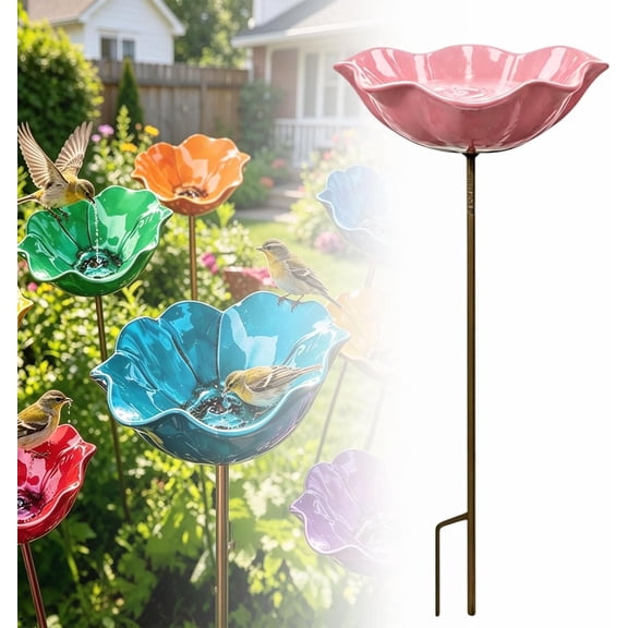 Metal Flower Garden Stakes Bird Bath, Everlasting Garden Blooms, Handmade Metal Flower Garden Stake with Bird Bath & pollinator Water Station, Decorative Outdoor Yard Art (Pink,1pc)