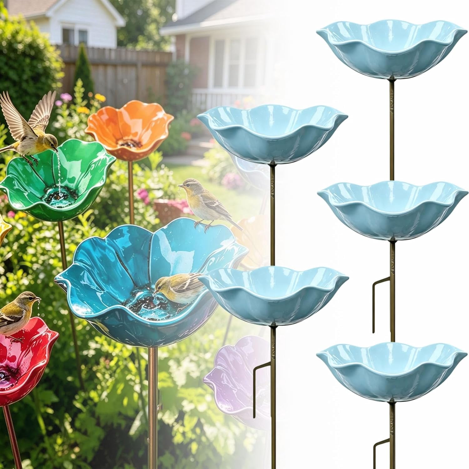 Metal Flower Garden Stakes Bird Bath, Everlasting Garden Blooms, Handmade Metal Flower Garden Stake with Bird Bath & pollinator Water Station, Decorative Outdoor Yard Art (Blue,5pcs)