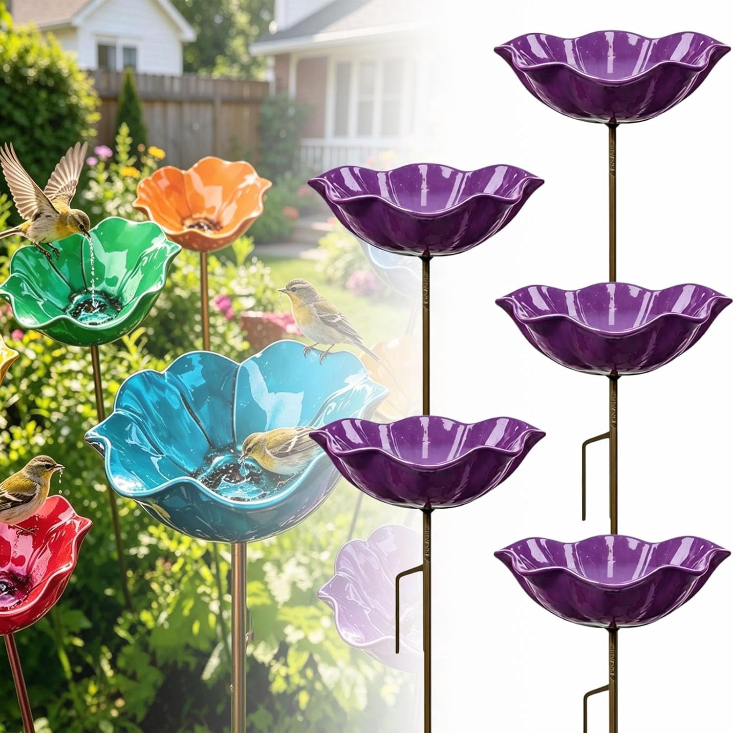 Metal Flower Garden Stakes Bird Bath, Everlasting Garden Blooms, Handmade Metal Flower Garden Stake with Bird Bath & pollinator Water Station, Decorative Outdoor Yard Art (Purple,5pcs)
