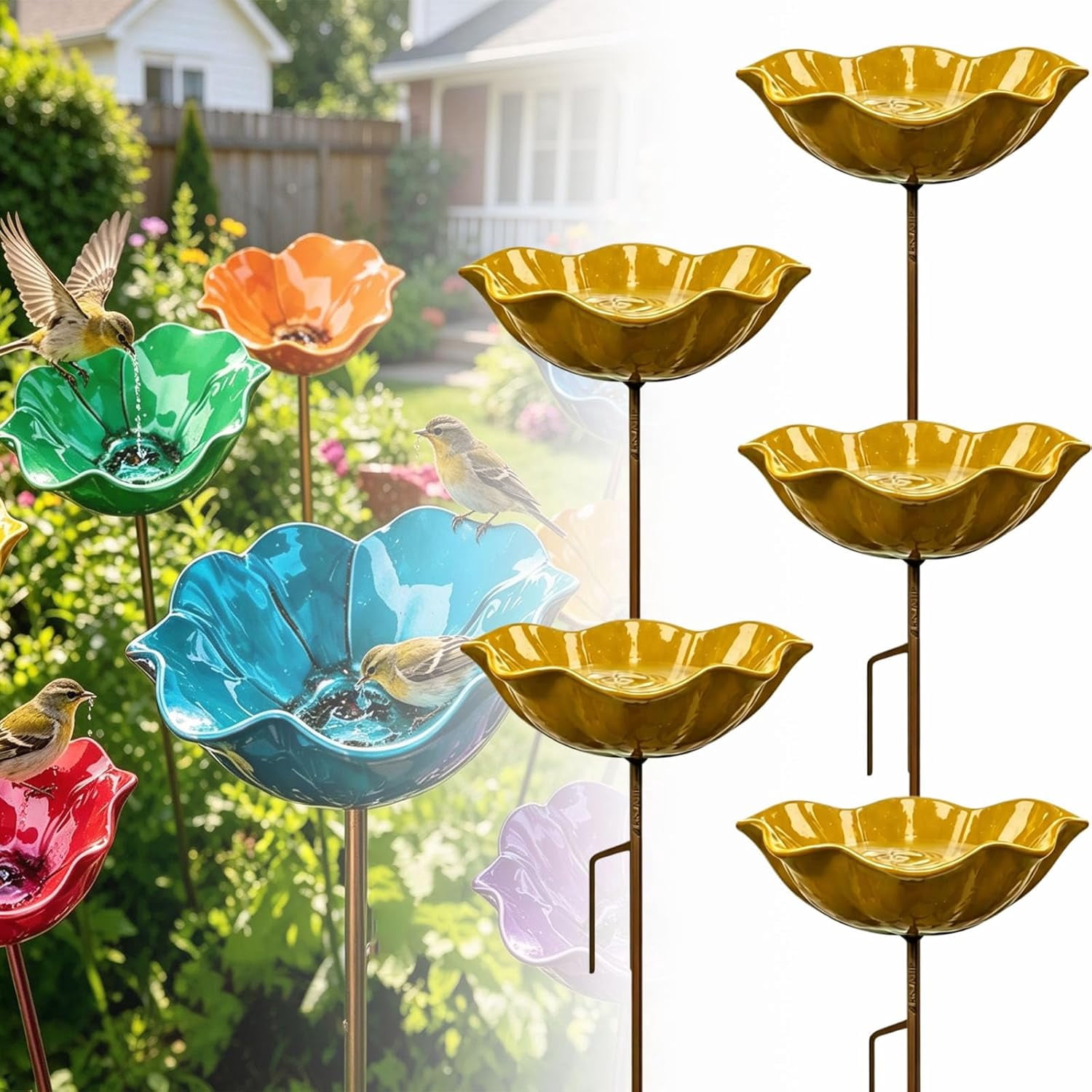Metal Flower Garden Stakes Bird Bath, Everlasting Garden Blooms, Handmade Metal Flower Garden Stake with Bird Bath & pollinator Water Station, Decorative Outdoor Yard Art (Dark Yellow,5pcs)