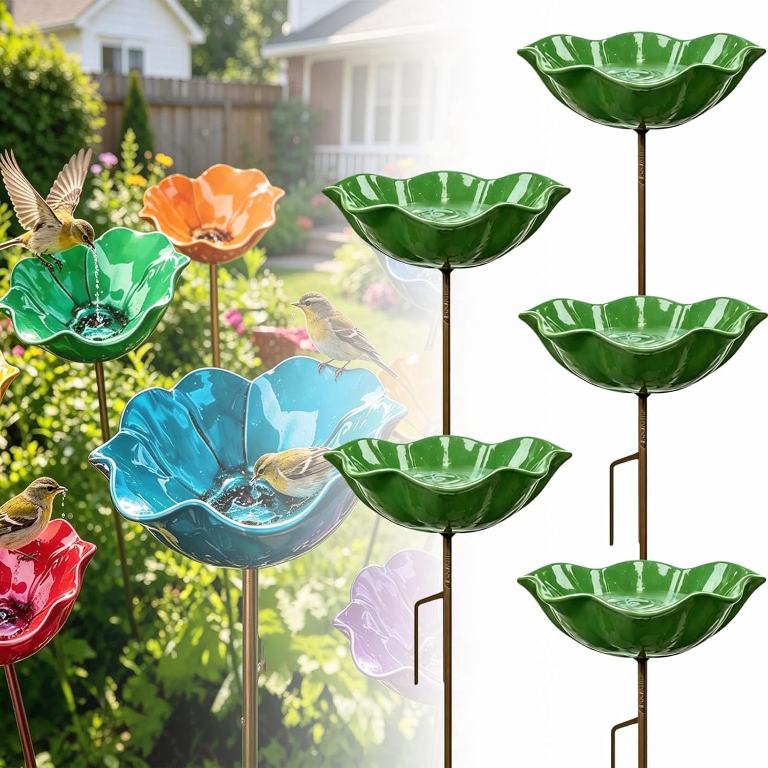 Metal Flower Garden Stakes Bird Bath, Everlasting Garden Blooms, Handmade Metal Flower Garden Stake with Bird Bath & pollinator Water Station, Decorative Outdoor Yard Art (Green,5pcs)