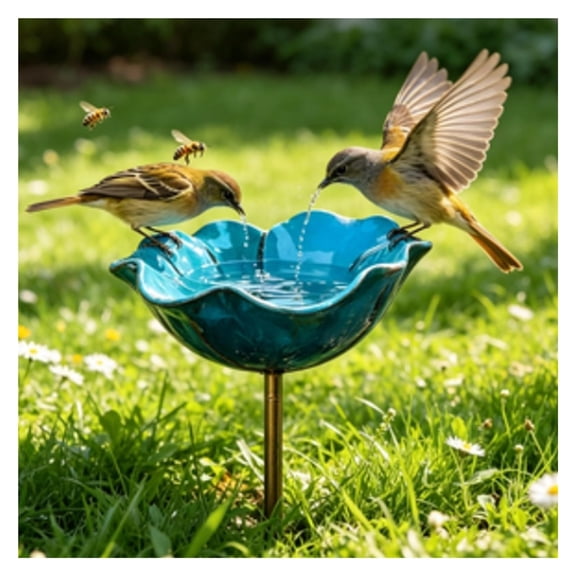 Metal Flower Garden Stakes Bird Bath Handmade Bee Bath & Pollinator Water Station, Weather-Resistant Outdoor Yard Art Decor Gift for Bird Lovers