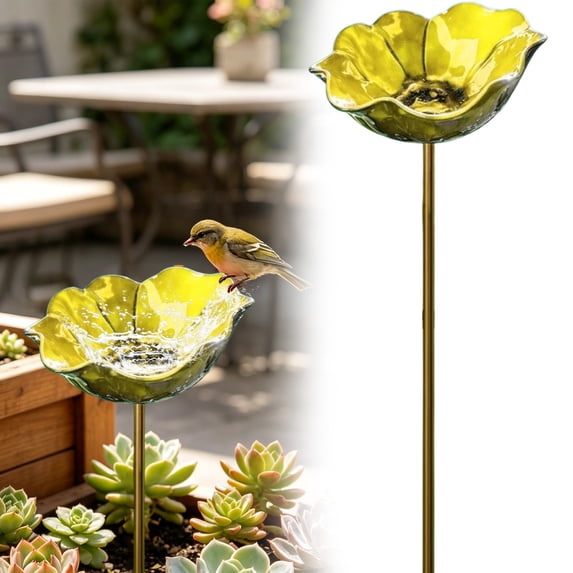 Metal Flower Garden Stakes Bird Bath Handmade, Bee Watering Station, Bees Bath for Garden Metal Bee Water Feeder with Flower Design, Butterfly Bees Bath Bowl for Outdoor Yard Decor (1PCS,Yellow)