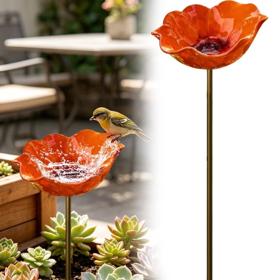 Metal Flower Garden Stakes Bird Bath Handmade, Bee Watering Station, Bees Bath for Garden Metal Bee Water Feeder with Flower Design, Colorful Butterfly Bees Bath Bowl for Outdoor Yard Decor, Orange