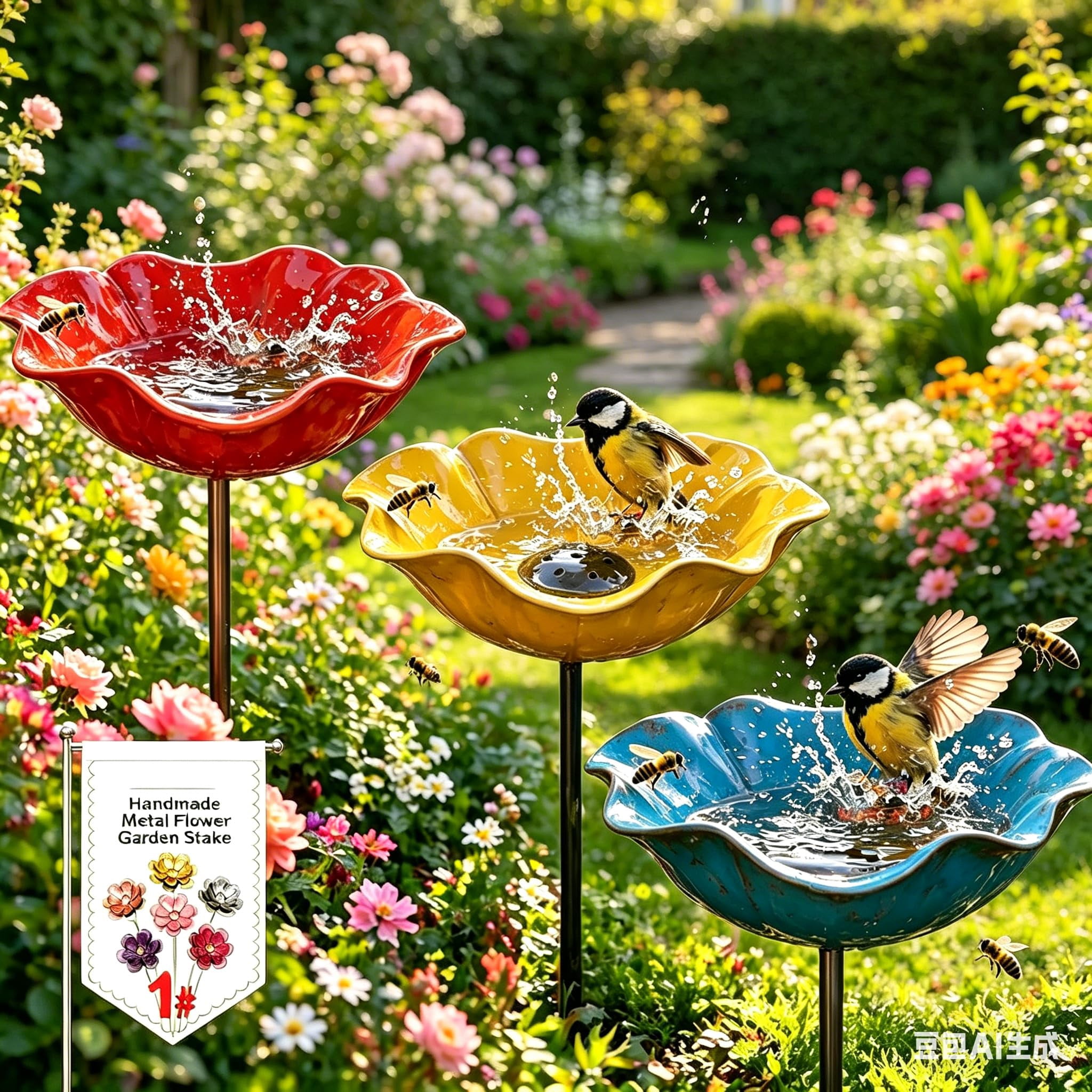 Metal Flower Garden Stakes Bird Bath Handmade, Bee Watering Station, Bees Bath for Garden Metal Bee Water Feeder with Flower Design, Colorful Butterfly Bees Bath Bowl for Outdoor Yard Decor