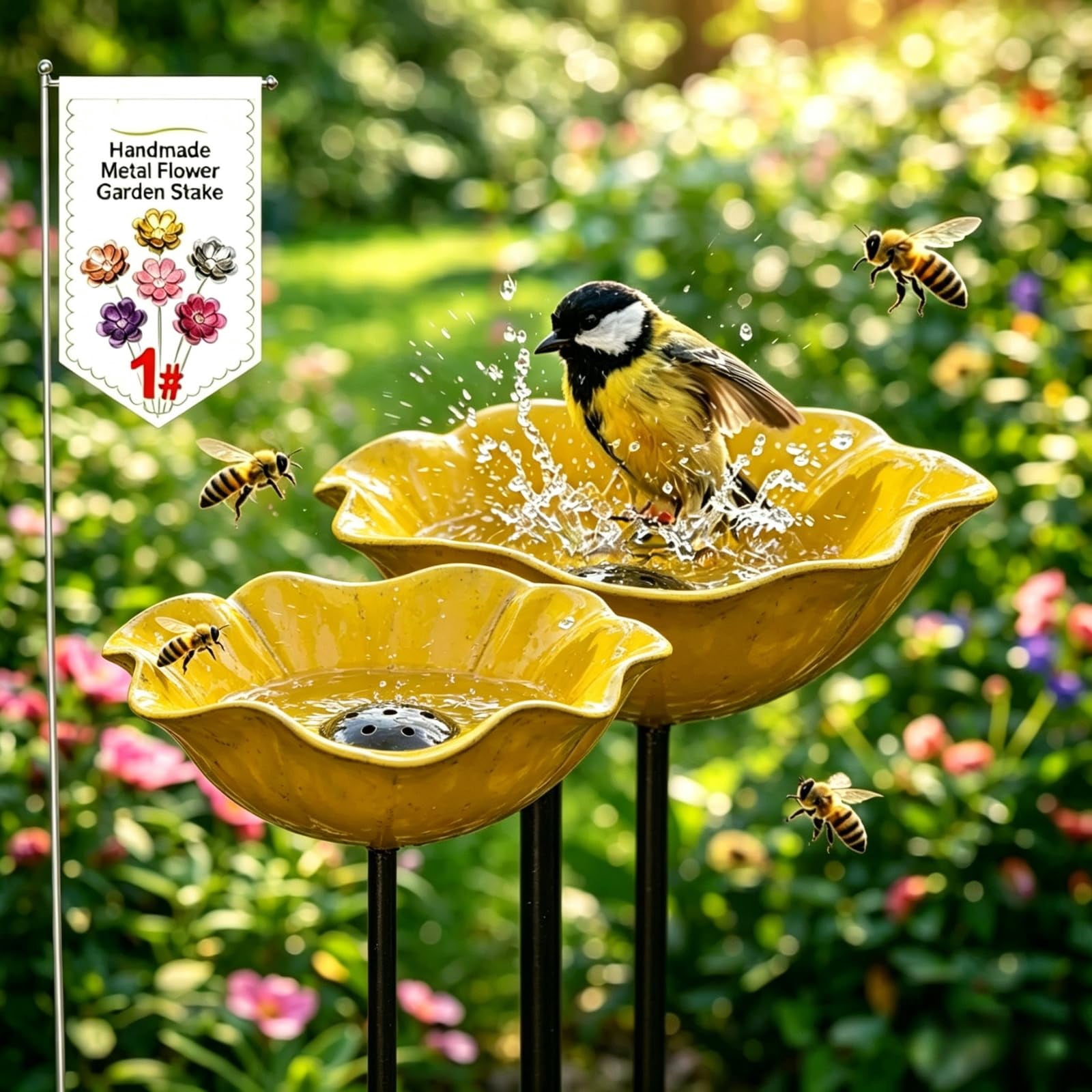 Metal Flower Garden Stakes Bird Bath Handmade, Bee Watering Station, Bees Bath for Garden Metal Bee Water Feeder with Flower Design, Colorful Butterfly Bees Bath Bowl for Outdoor Yard Decor (5PCS)