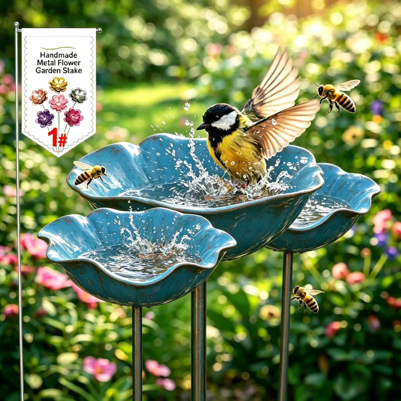 Metal Flower Garden Stakes Bird Bath Handmade, Bee Watering Station, Bees Bath for Garden Metal Bee Water Feeder with Flower Design, Colorful Butterfly Bees Bath Bowl for Outdoor Yard Decor (5PCS)