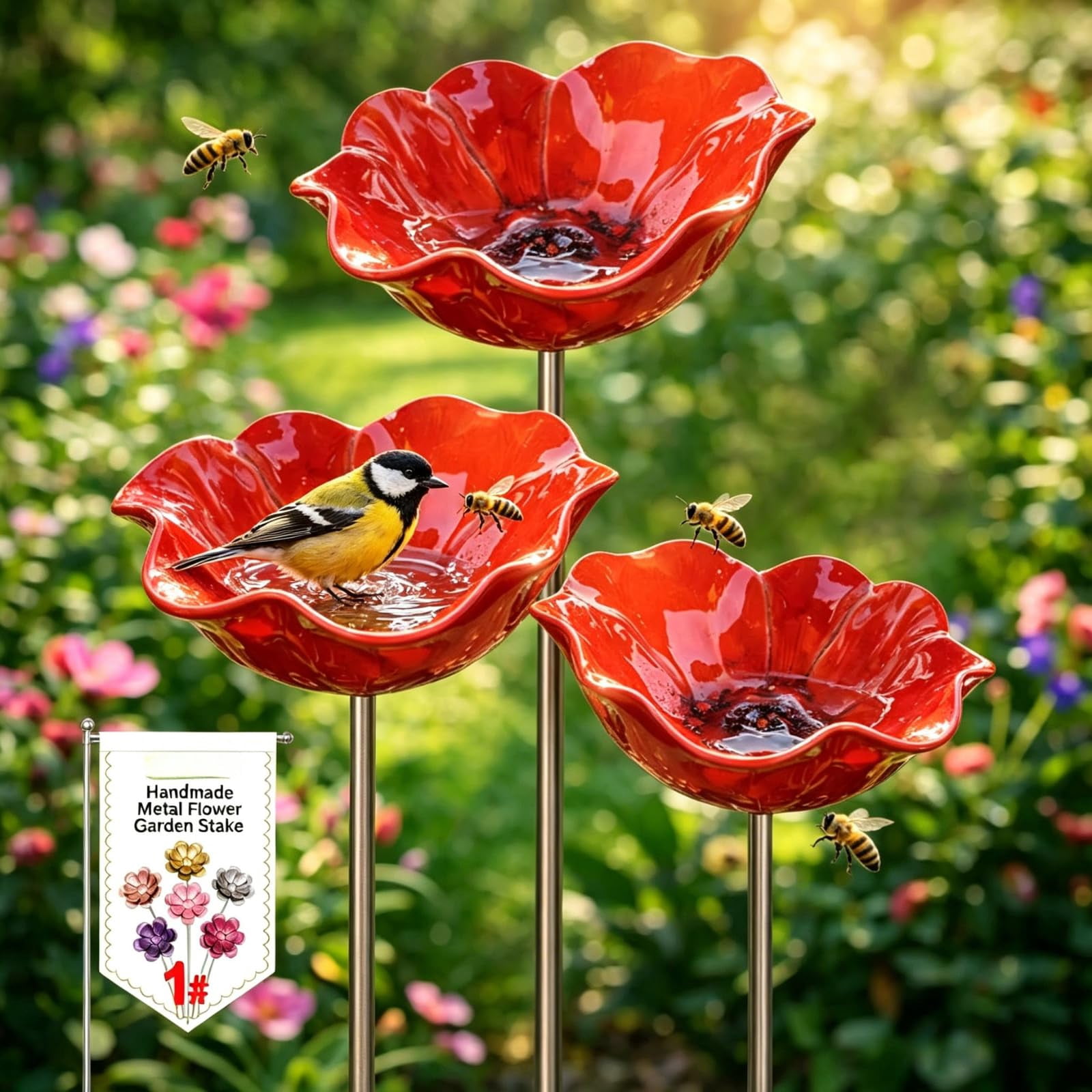Metal Flower Garden Stakes Bird Bath Handmade, Bee Watering Station, Bees Bath for Garden Metal Bee Water Feeder with Flower Design, Colorful Butterfly Bees Bath Bowl for Outdoor Yard Decor