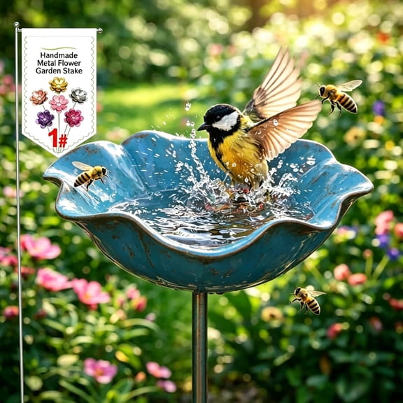 Metal Flower Garden Stakes Bird Bath Handmade, Bee Watering Station, Bees Bath for Garden Metal Bee Water Feeder with Flower Design, Colorful Butterfly Bees Bath Bowl for Outdoor Yard Decor