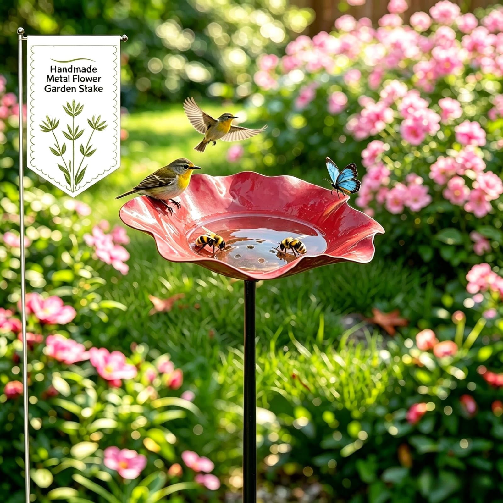 Metal Flower Garden Stakes Bird Bath Handmade, Bee Watering Station, Bees Bath for Garden Metal Bee Water Feeder with Flower Design, Colorful Butterfly Bees Bath Bowl for Outdoor Yard Decor