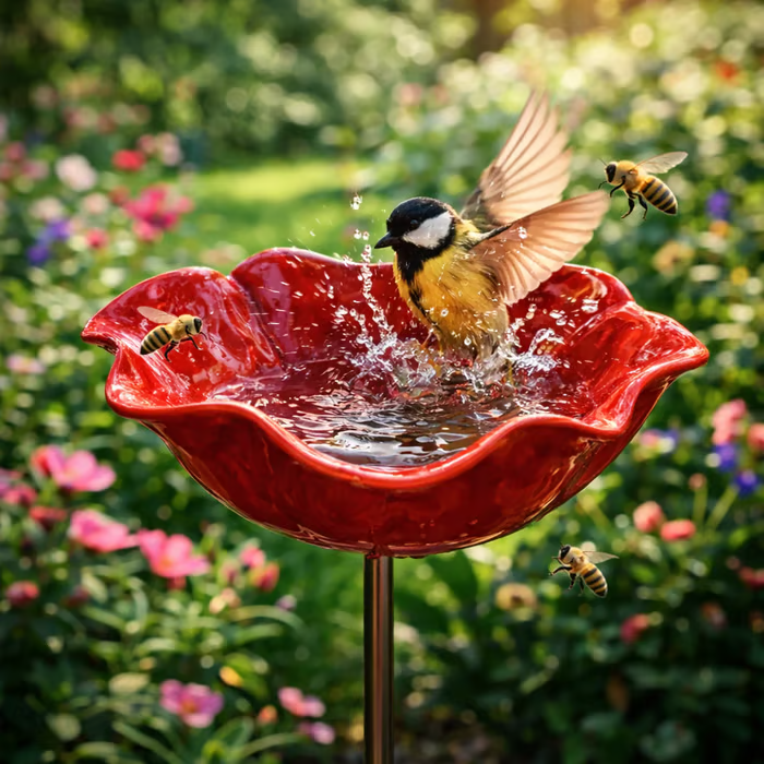 Metal Flower Garden Stakes Bird Bath Handmade, Bee Watering Station, Bees Bath for Garden Metal Bee Water Feeder with Flower Design, Colorful Butterfly Bees Bath Bowl for Outdoor Yard Decor,Red 1Pcs