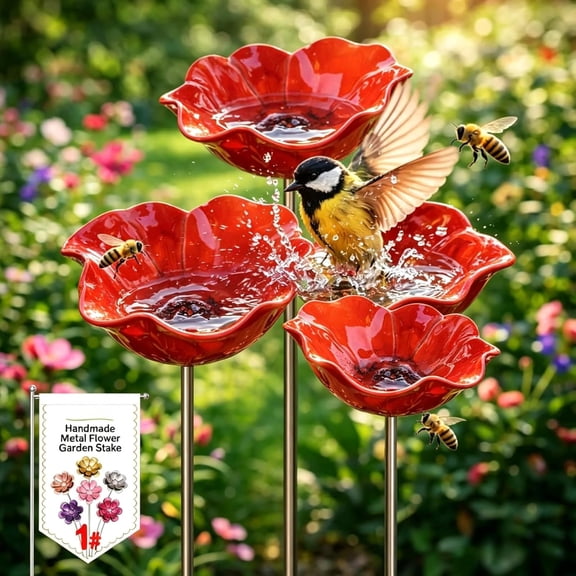 Metal Flower Garden Stakes Bird Bath Handmade, Bee Watering Station, Bees Bath for Garden Metal Bee Water Feeder with Flower Design, Colorful Butterfly Bees Bath Bowl for Outdoor Yard Decor (4PCS)