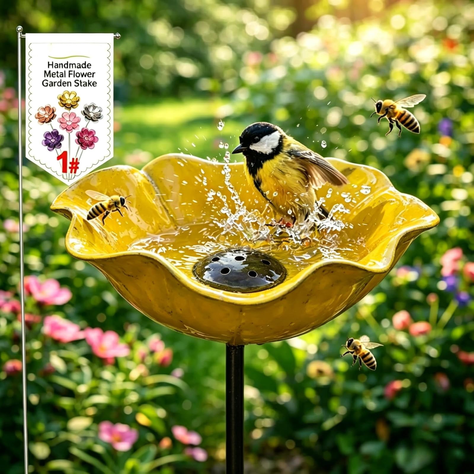 Metal Flower Garden Stakes Bird Bath Handmade, Bee Watering Station, Bees Bath for Garden Metal Bee Water Feeder with Flower Design, Colorful Butterfly Bees Bath Bowl for Outdoor Yard Decor
