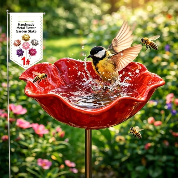 Metal Flower Garden Stakes Bird Bath Handmade, Bee Watering Station, Bees Bath for Garden Metal Bee Water Feeder with Flower Design, Colorful Butterfly Bees Bath Bowl for Outdoor Yard Decor