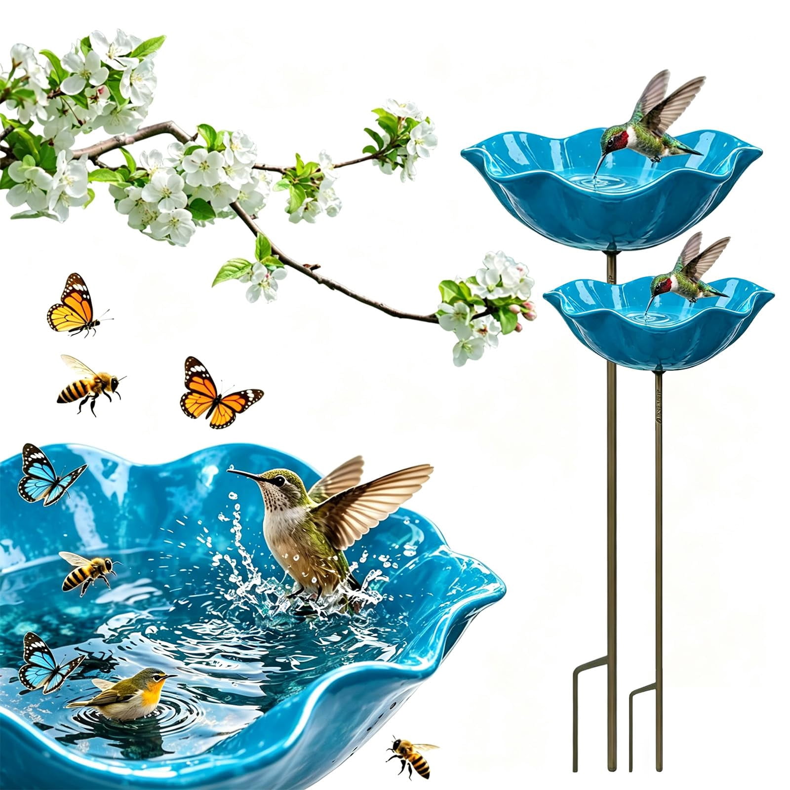 Metal Flower Garden Stakes Bird Bath, Handmade Bee Watering Station for Garden Outside, Mini Pollinator Water Station, Metal Flower Bird Bath Garden Stakes