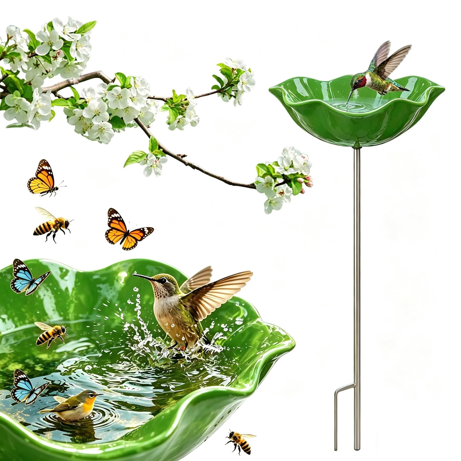 Metal Flower Garden Stakes Bird Bath, Handmade Bee Watering Station for Garden Outside, Mini Pollinator Water Station, Metal Flower Bird Bath Garden Stakes