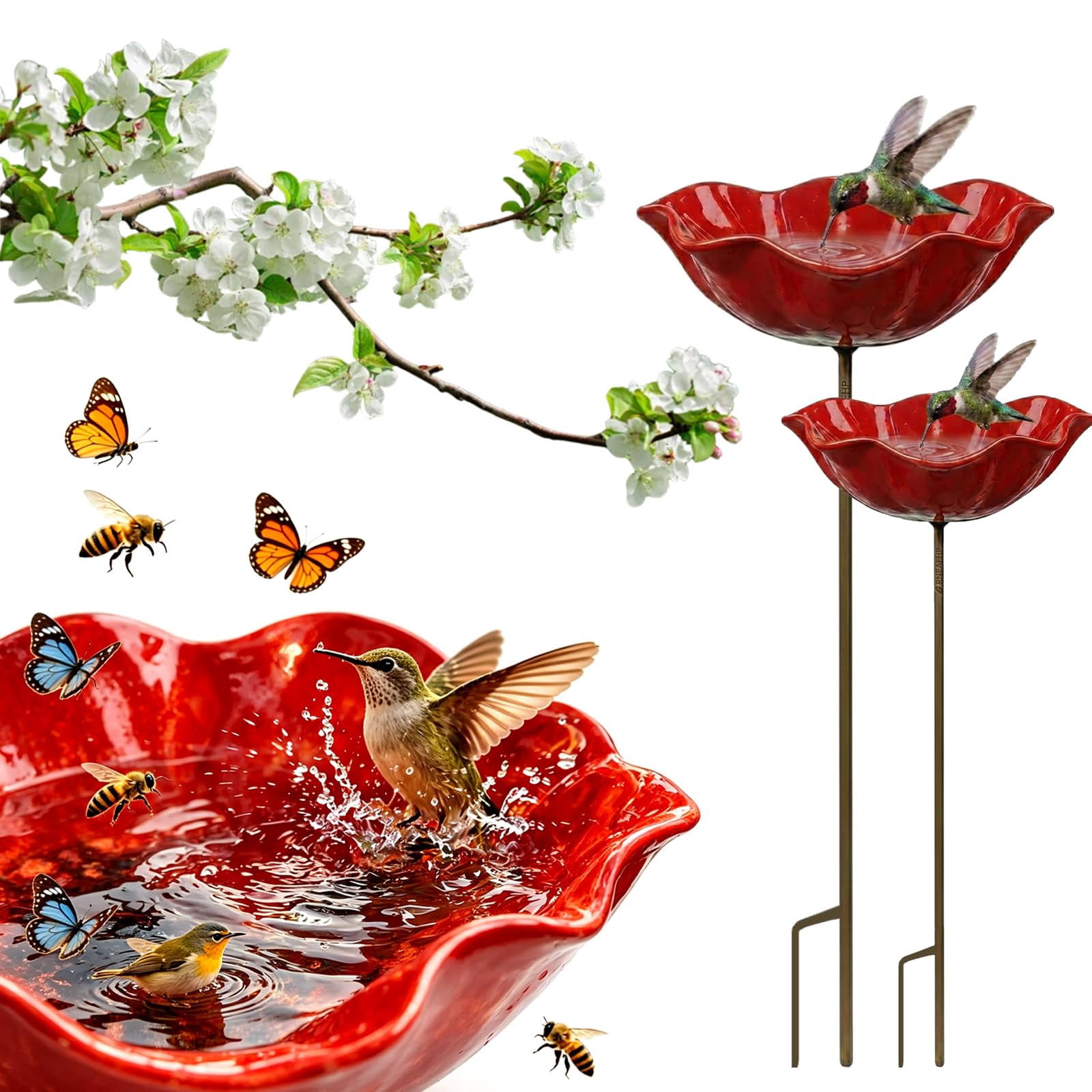 Metal Flower Garden Stakes Bird Bath, Handmade Bee Watering Station for Garden Outside, Mini Pollinator Water Station, Metal Flower Bird Bath Garden Stakes