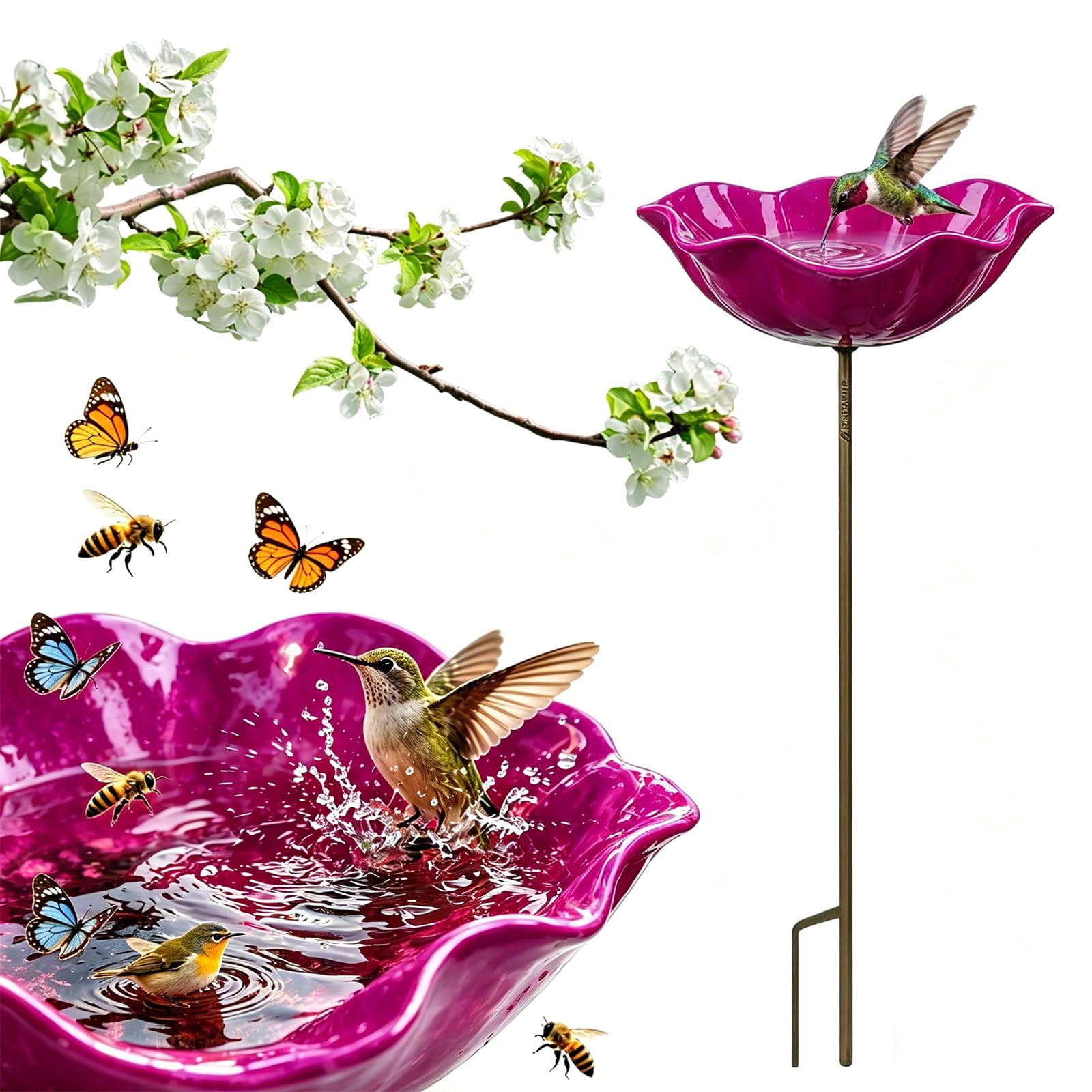 Metal Flower Garden Stakes Bird Bath, Handmade Bee Watering Station for Garden Outside, Mini Pollinator Water Station, Metal Flower Bird Bath Garden Stakes