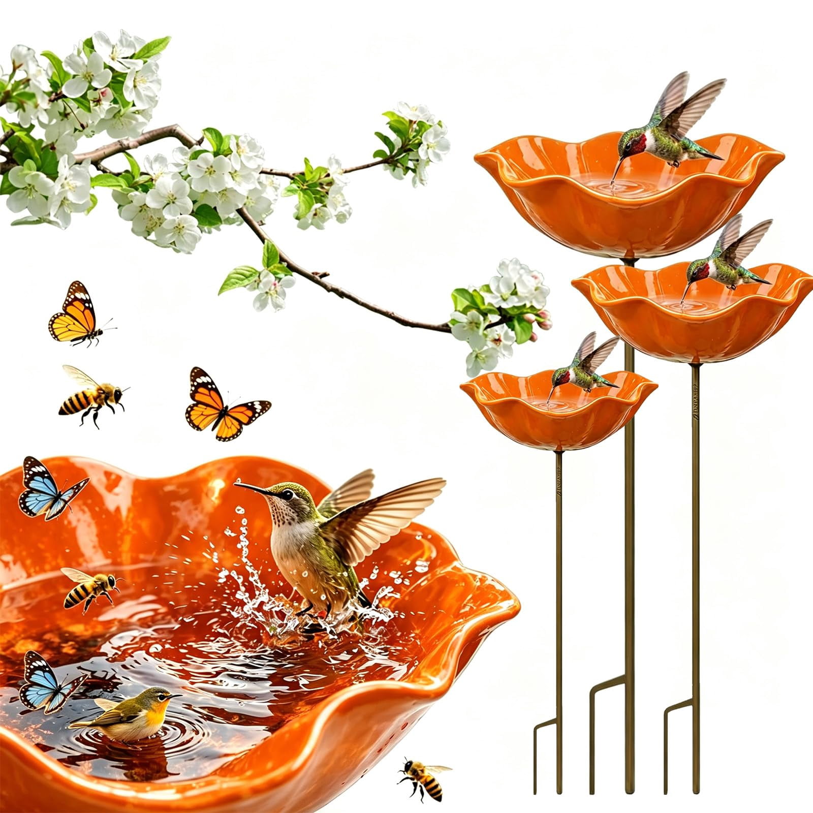 Metal Flower Garden Stakes Bird Bath, Handmade Bee Watering Station for Garden Outside, Mini Pollinator Water Station, Metal Flower Bird Bath Garden Stakes
