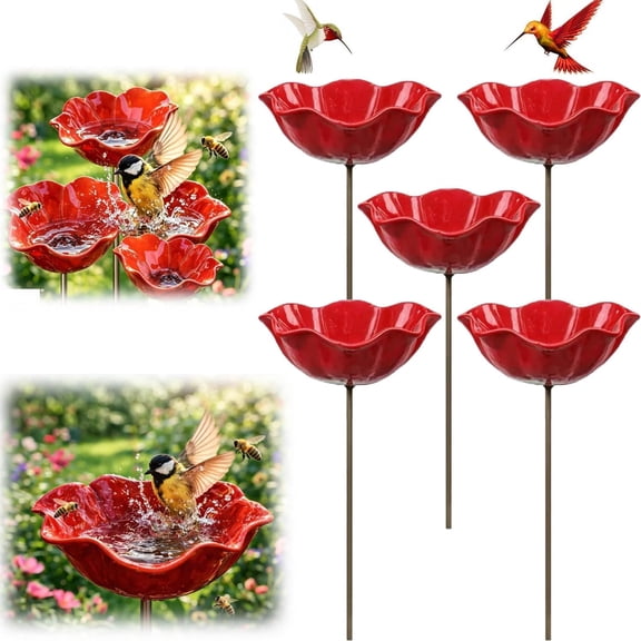 Metal Flower Garden Stakes Bird Bath, Mini Bird Bath & Pollinator Water Station, Handmade Metal Flower Garden Stake (5PC)