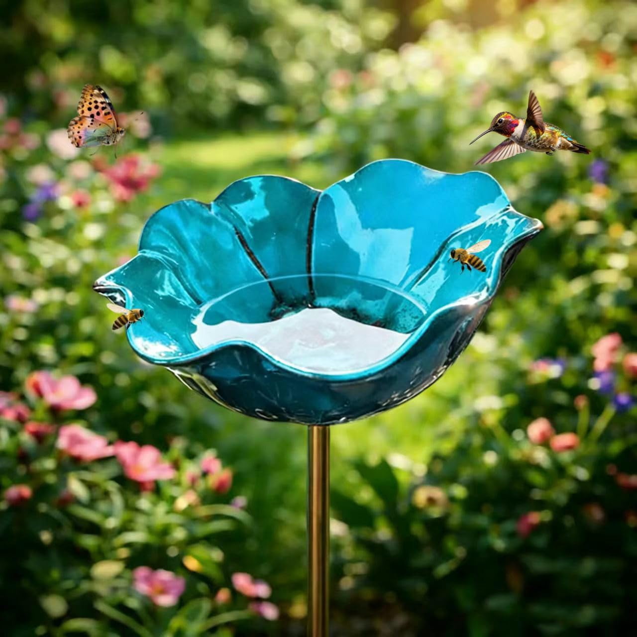Metal Flower Garden Stakes Bird Bath – Mini Bird Bath and Bee Watering Station for Yard(Blue)