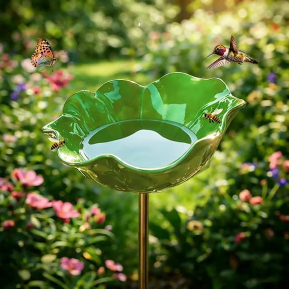 Metal Flower Garden Stakes Bird Bath – Mini Bird Bath and Bee Watering Station for Yard(Green)