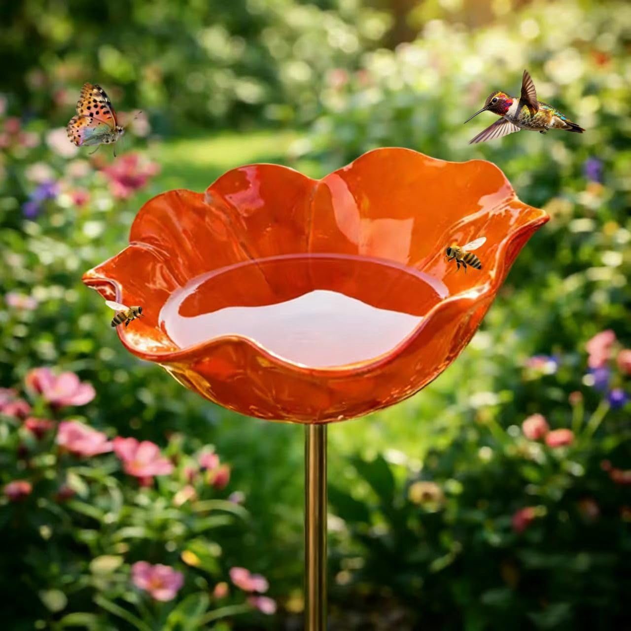 Metal Flower Garden Stakes Bird Bath – Mini Bird Bath and Bee Watering Station for Yard(Orange)
