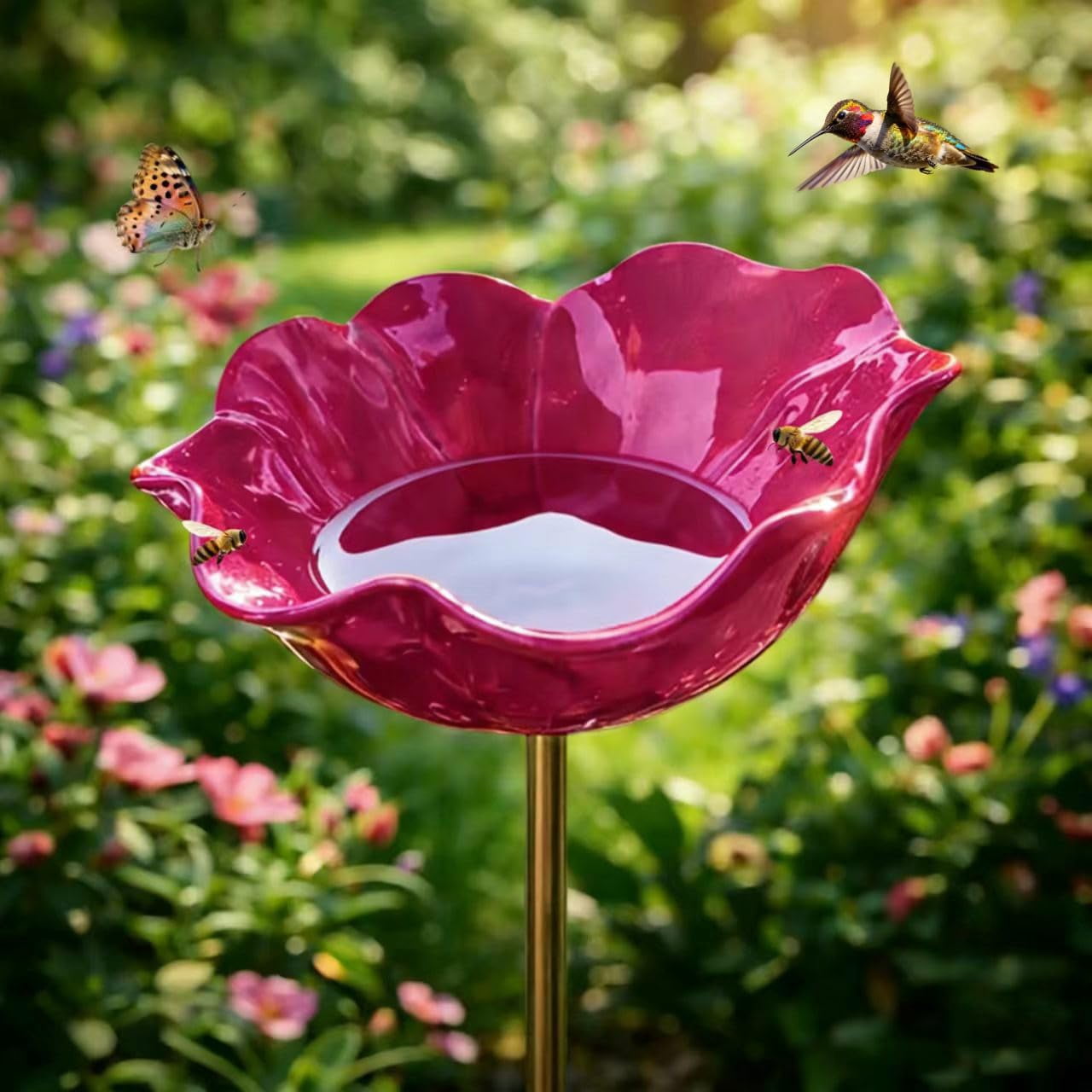 Metal Flower Garden Stakes Bird Bath – Mini Bird Bath and Bee Watering Station for Yard(Pink)