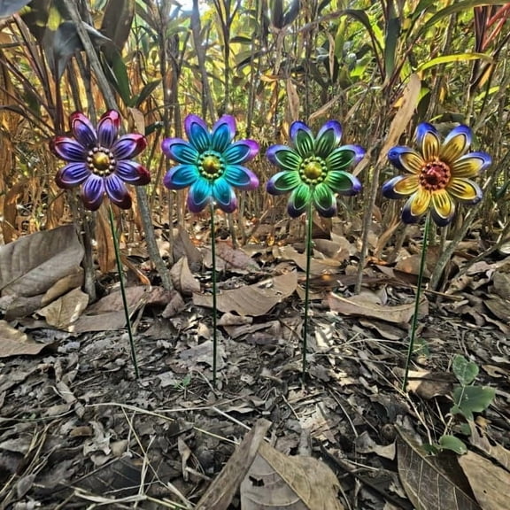 Metal Flower Garden Stakes Set of 4 - Outdoor Yard Decor, Weather-Resistant, Rust-Proof Coated Stakes for Garden Beds and Planters, Easy Install Multicolor