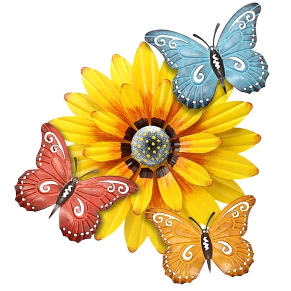 Metal Flower Wall Decor with 3pcs Butterfly Wall Art, Flower Wall Decorations Butterfly Garden Decor, Indoor Outdoor Wall Sculptures, Hanging for Living Room, Office, Garden