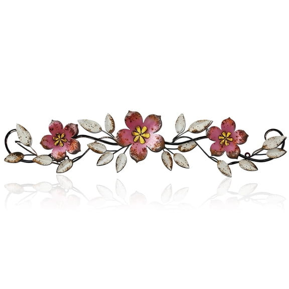 Metal Flower Wall Decor, Vintage Metal Flower Wrought Iron Scroll Sculpture, 15.7 inches x 3.7 inches, Non-3D, Flat Farmhouse Style Leaf Wall Decor with Nails, Suitable for Summer Bedroom Kitchen Ind