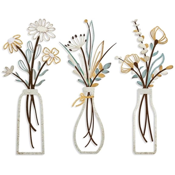 Metal Flower Wall Decors Set of 3 Abstract Vases Sculptures for Home Styling
