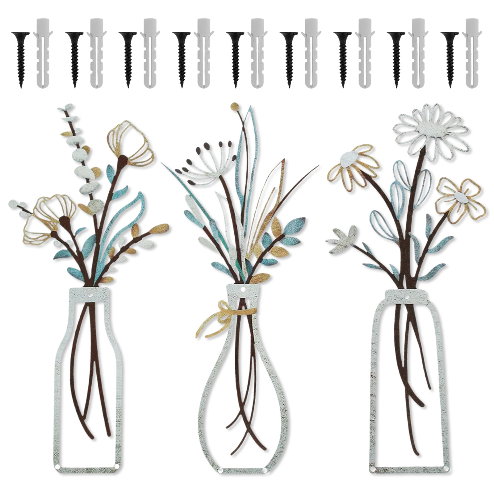 Mcdagogn 3-Piece Metal Flower Wall Art – Rustic Farmhouse Decor, Minimalist Black Flower Decor For Living Room, Bedroom, Bathroom – Housewarming Gift (Beige-Gold)