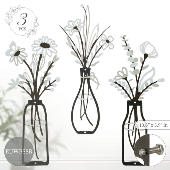 Metal Flowers Wall Arts Metal Vase Wall Art,Rustic Farmhouse Decor Colorful 14x6 in Floral Decor