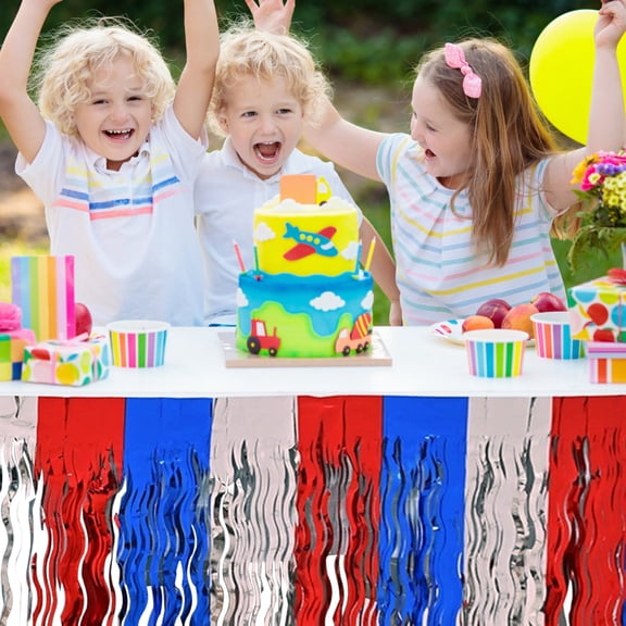 Metal Foil Tassel Table Skirt, Glitter Streamer for Wedding & Party Decorations, 108x30 Inch Size, Easy to Install Fringe Garland for Ceremonies, Graduations & Events