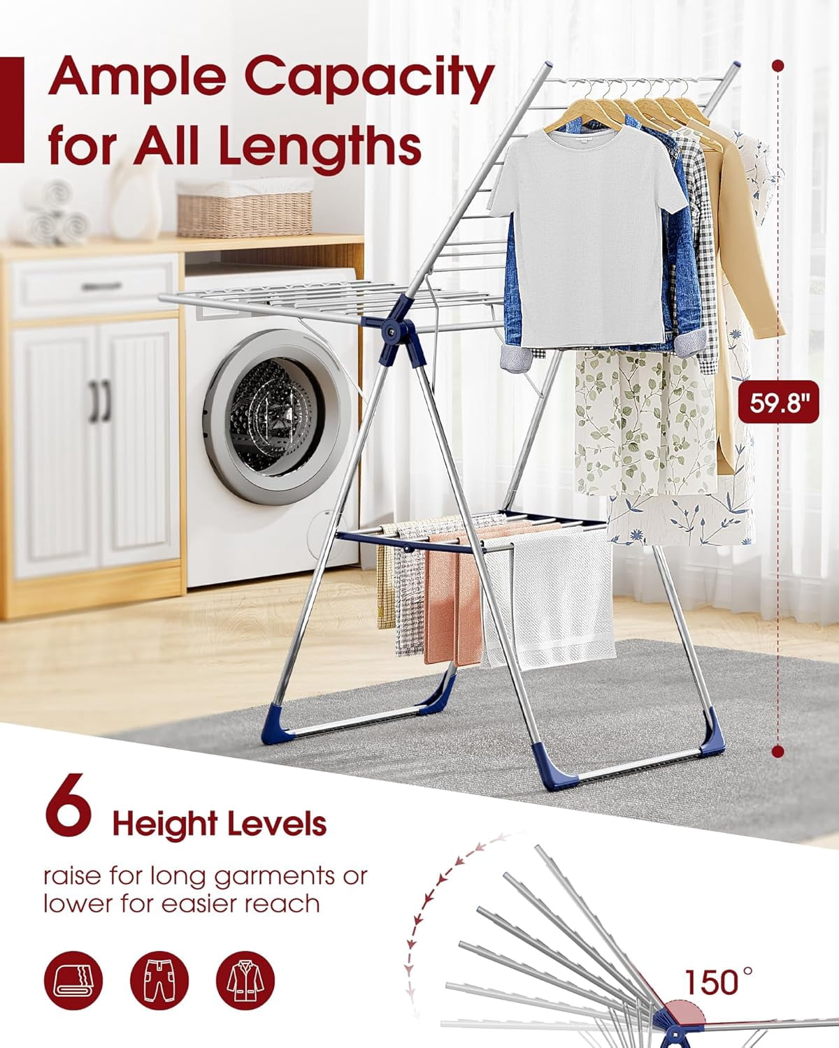 Metal Foldable Clothes Drying Rack Silver Blue | Premium Build | Height ...