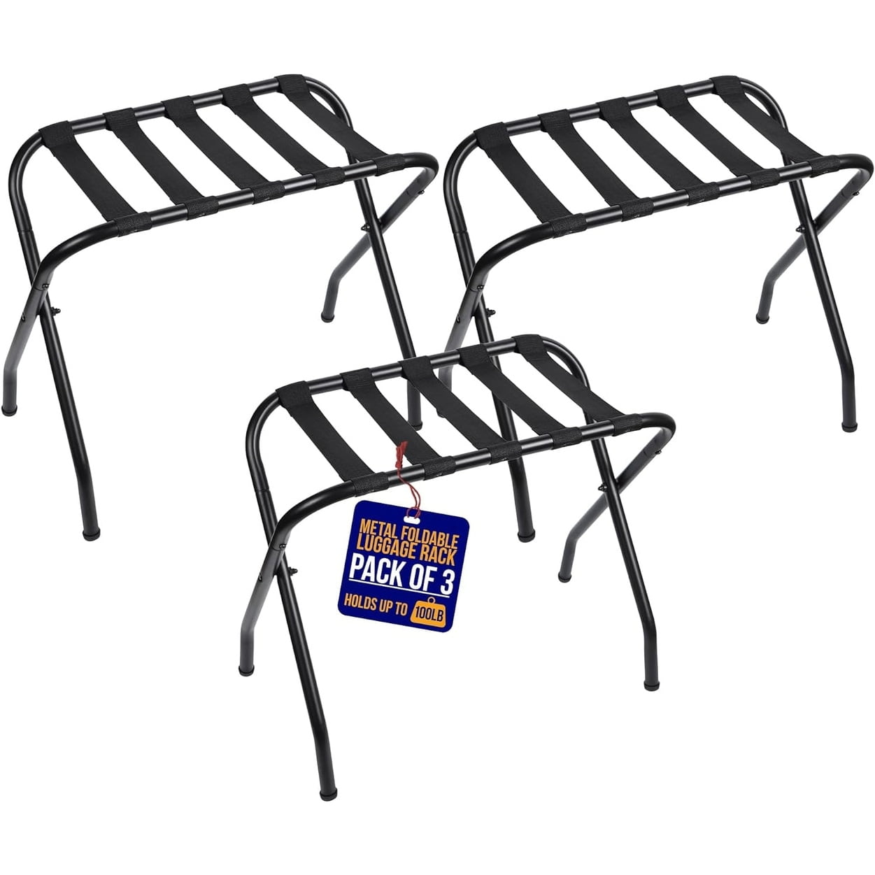 Black Metal Foldable Luggage Racks with Nylon Straps, Pack of 3