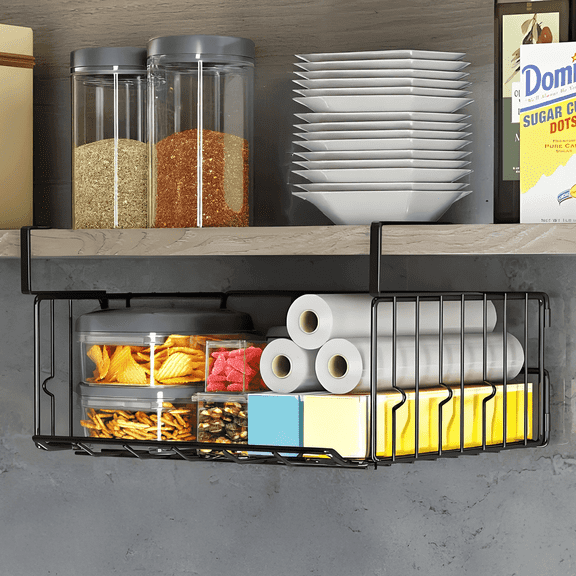 Metal Foldable Under Shelf Storage Basket, 1 pack Black Space-Saving Hanging Organizer for Kitchen, Cupboard and Bookshelf