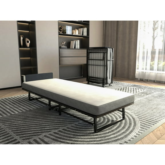 Metal Folding Bed Frame With 4" Foam Twin Mattress, Portable For Bedroom & Dorm Room, Quick Setup Bed, Twin, Mattress And 4 Wheels Effortless Movement