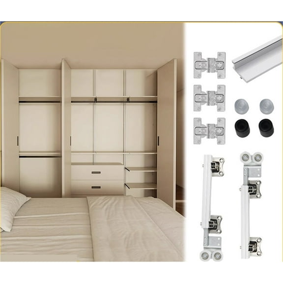 Metal Folding Sliding Door Overhead Track No Bottom Rail Hanging Pulley Hardware For Cabinet Wardrobe Closet