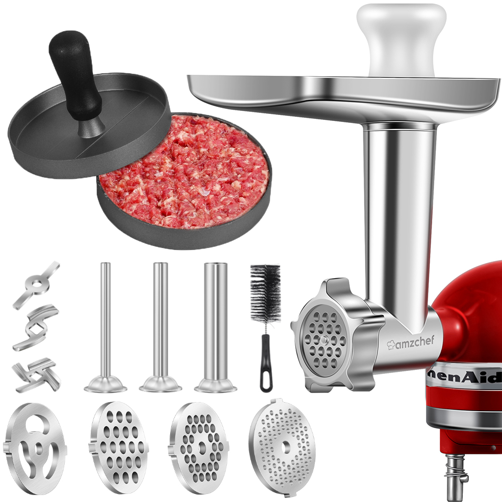 Metal Food Grinder Attachment for KitchenAid Stand Mixers, AMZCHEF Meat Grinder with Burger Press Plate & Sausage Stuffer Attachment Pack - image 1 of 10