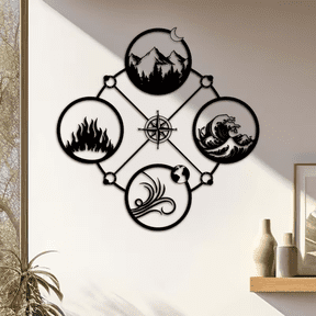 Metal Four Elements Design with Compass & Celestial Motifs Wall Art, Abstract Iron Wall Decor for Indoor Home Spaces