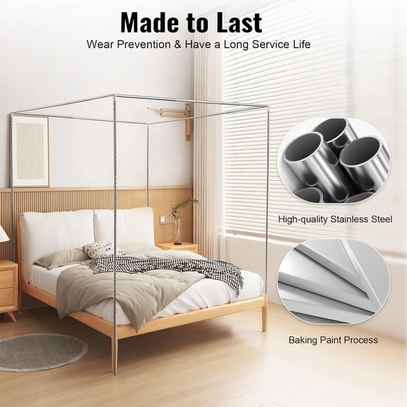 Metal Four Poster Canopy Bed Frame, Bed Post Poles 4 Corner Canopy, Stainless Steel Queen Size Canopy Bed Frame for Wood Bed Mosquito Curtains (4.92 * 6.56 * 6.56ft)