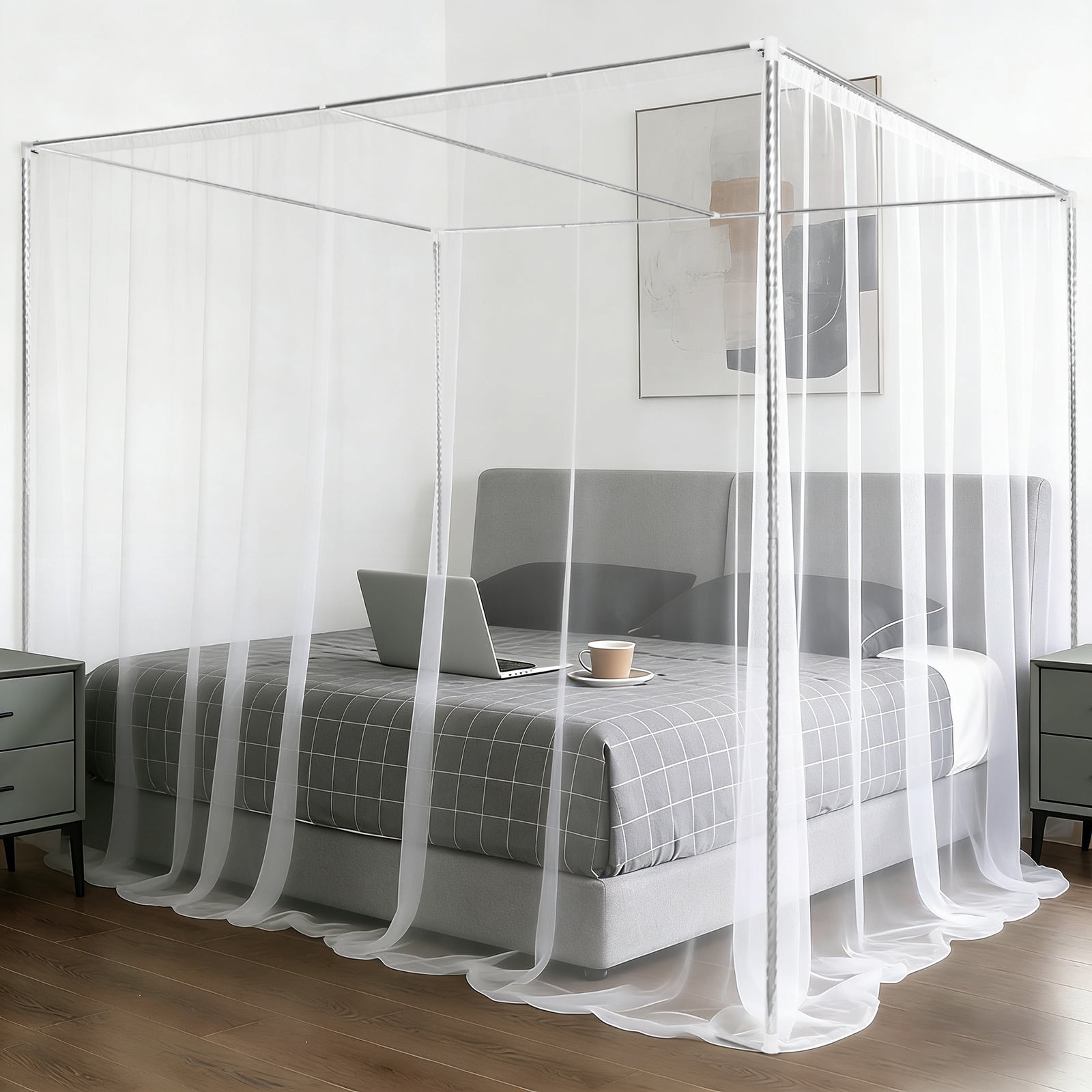 Metal Four Poster Canopy Bed Frame, Bed Post Poles 4 Corner Canopy, Stainless Steel Queen Size Canopy Bed Frame for Wood Bed Mosquito Curtains (4.92 * 6.56 * 6.56ft)