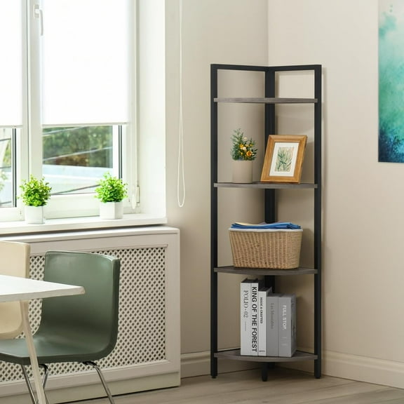 Metal Frame 4 Tier Corner Shelf Unit, 46.5 Inch Height Round Bookcase, Compact Stand for Living Room Bathroom Office Storage, Dark Grey